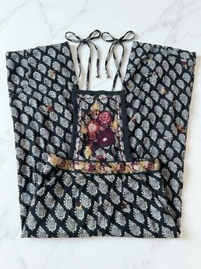 Anthropologie Overalls with White Paisley and Yellow-Pink Floral Accents